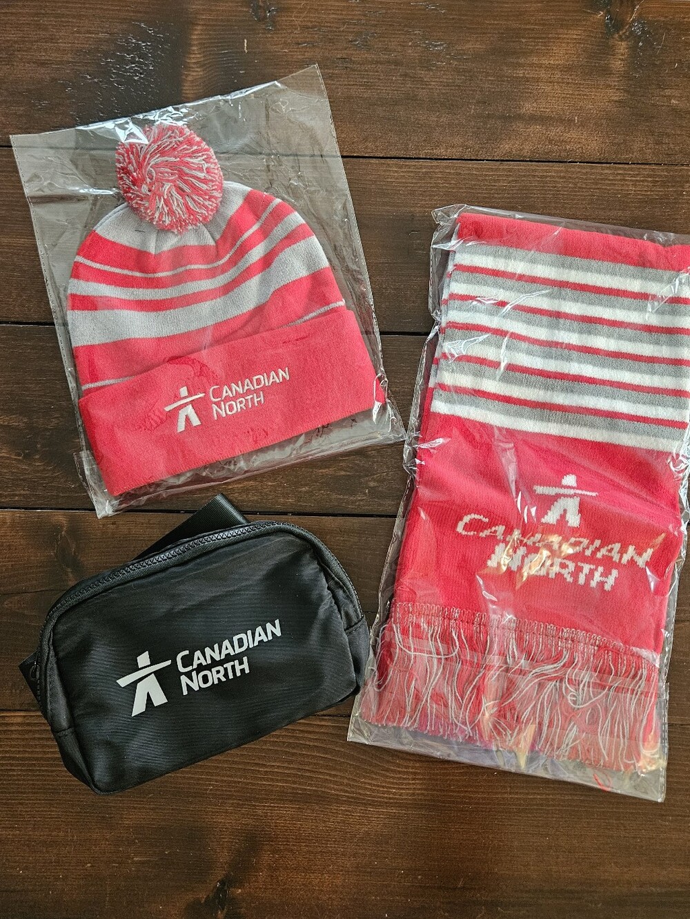 NEW Canadian North Airline Branded Hat, Scarf & Waist Bag Red, Grey & Black Colo